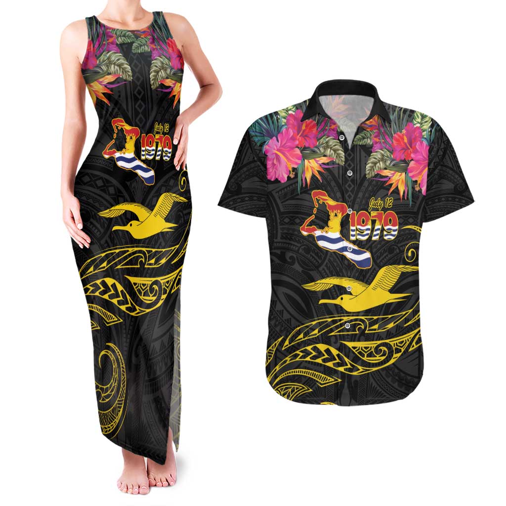 Kiribati Independence Day Personalised Couples Matching Tank Maxi Dress and Hawaiian Shirt Gold Frigatebird with Polynesian Pattern LT9 Black - Polynesian Pride