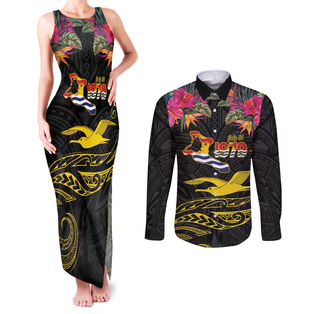 Kiribati Independence Day Personalised Couples Matching Tank Maxi Dress and Long Sleeve Button Shirt Gold Frigatebird with Polynesian Pattern LT9 Black - Polynesian Pride