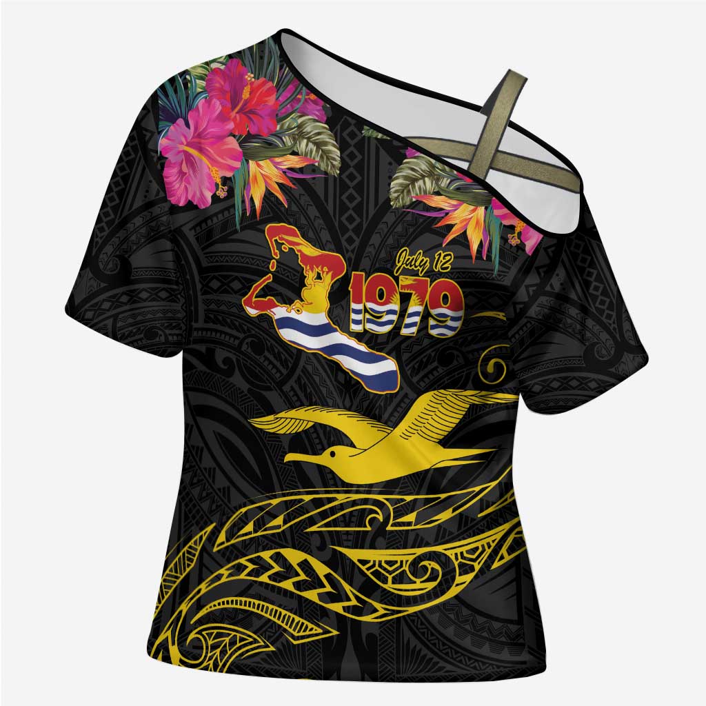Kiribati Independence Day Personalised Cross Shoulder Shirt Gold Frigatebird with Polynesian Pattern LT9 Female Black - Polynesian Pride