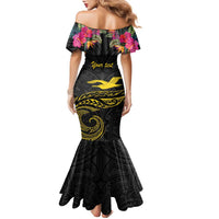 Kiribati Independence Day Personalised Family Matching Mermaid Dress and Hawaiian Shirt Gold Frigatebird with Polynesian Pattern
