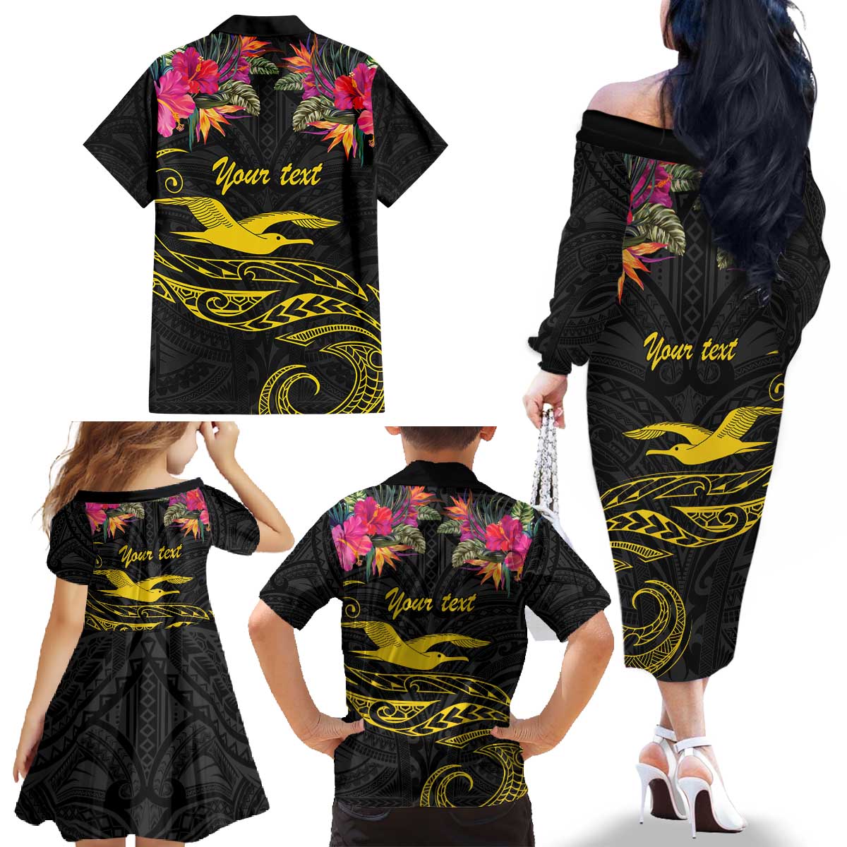 Kiribati Independence Day Personalised Family Matching Off The Shoulder Long Sleeve Dress and Hawaiian Shirt Gold Frigatebird with Polynesian Pattern