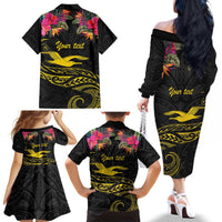 Kiribati Independence Day Personalised Family Matching Off The Shoulder Long Sleeve Dress and Hawaiian Shirt Gold Frigatebird with Polynesian Pattern