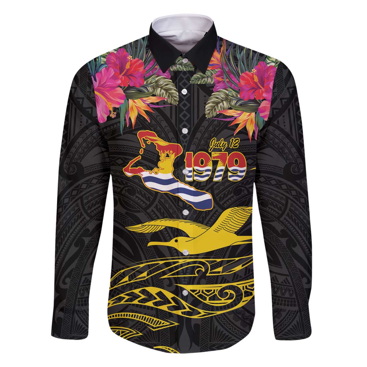 Kiribati Independence Day Personalised Family Matching Off The Shoulder Long Sleeve Dress and Hawaiian Shirt Gold Frigatebird with Polynesian Pattern