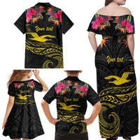 Kiribati Independence Day Personalised Family Matching Off Shoulder Maxi Dress and Hawaiian Shirt Gold Frigatebird with Polynesian Pattern