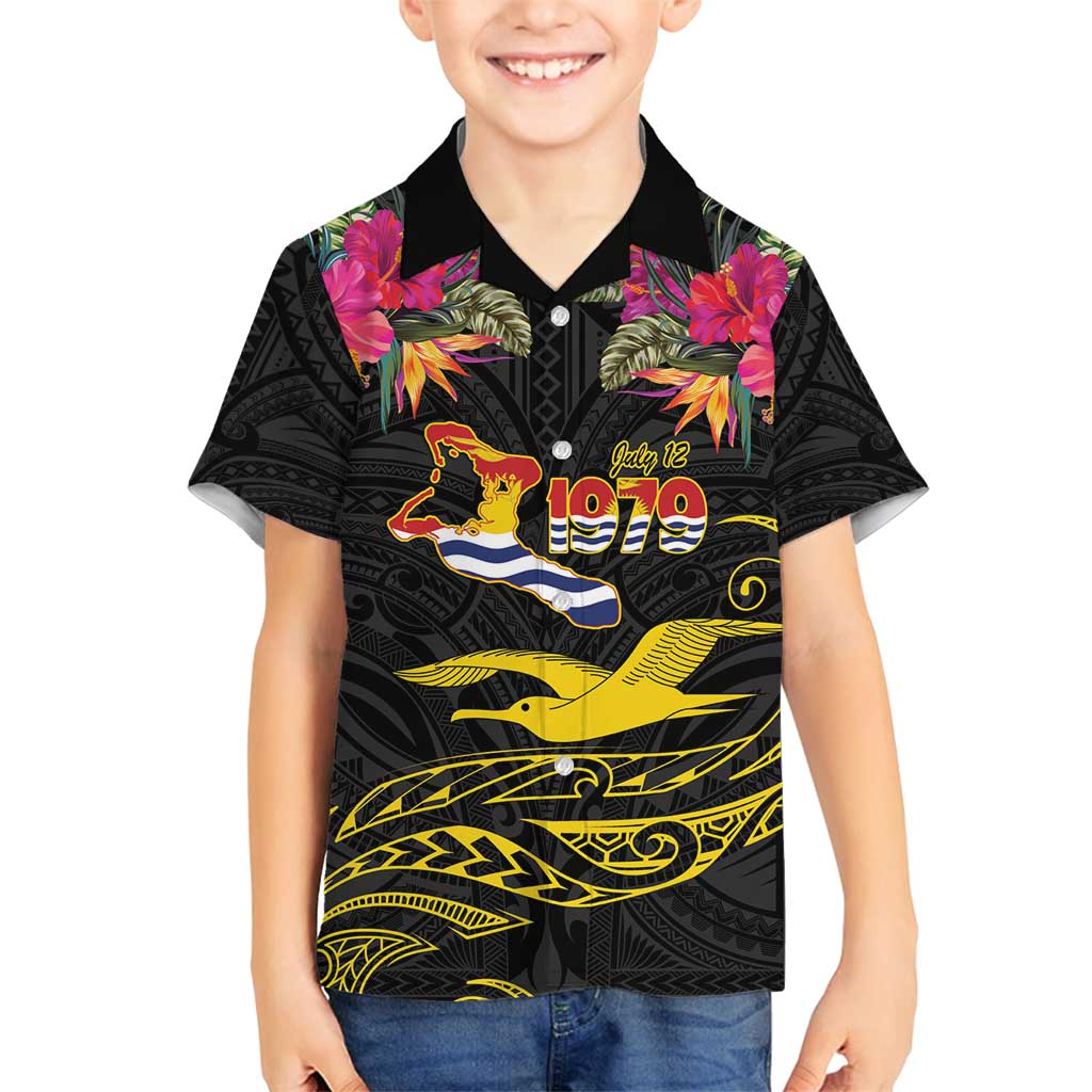 Kiribati Independence Day Personalised Family Matching Off Shoulder Short Dress and Hawaiian Shirt Gold Frigatebird with Polynesian Pattern
