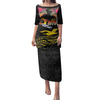 Kiribati Independence Day Personalised Family Matching Puletasi and Hawaiian Shirt Gold Frigatebird with Polynesian Pattern
