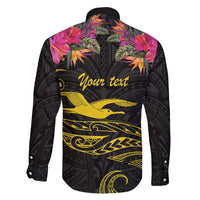 Kiribati Independence Day Personalised Family Matching Short Sleeve Bodycon Dress and Hawaiian Shirt Gold Frigatebird with Polynesian Pattern