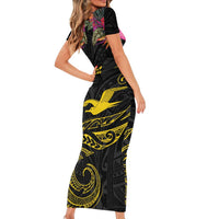 Kiribati Independence Day Personalised Family Matching Short Sleeve Bodycon Dress and Hawaiian Shirt Gold Frigatebird with Polynesian Pattern
