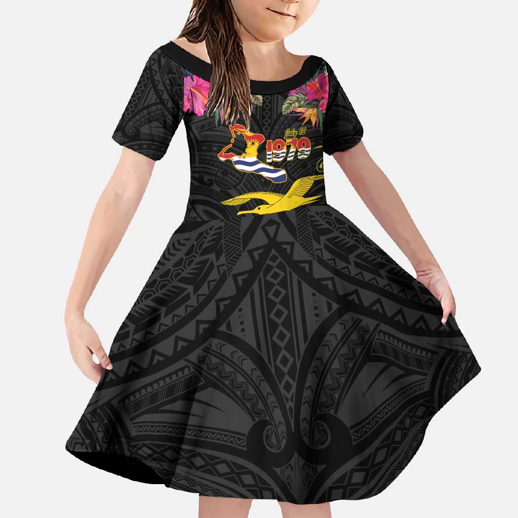Kiribati Independence Day Personalised Family Matching Summer Maxi Dress and Hawaiian Shirt Gold Frigatebird with Polynesian Pattern LT9 Daughter's Dress Black - Polynesian Pride