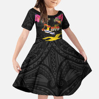 Kiribati Independence Day Personalised Family Matching Summer Maxi Dress and Hawaiian Shirt Gold Frigatebird with Polynesian Pattern LT9 Daughter's Dress Black - Polynesian Pride