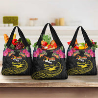 Kiribati Independence Day Personalised Grocery Bag Gold Frigatebird with Polynesian Pattern LT9 3-pack One Size Black - Polynesian Pride