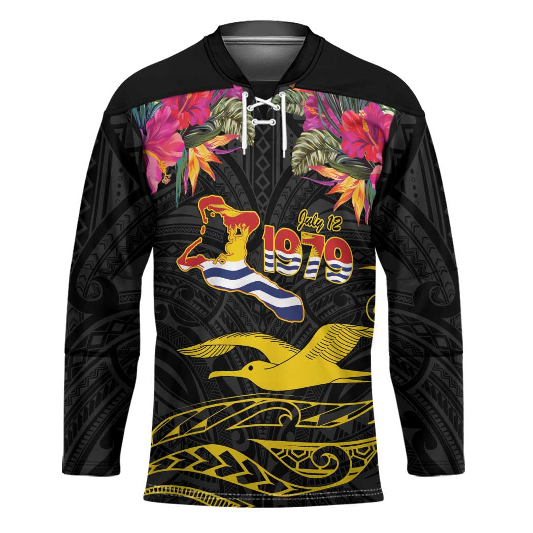 Kiribati Independence Day Personalised Hockey Jersey Gold Frigatebird with Polynesian Pattern LT9 Unisex Black - Polynesian Pride