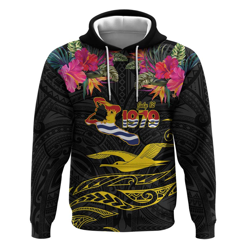 Kiribati Independence Day Personalised Hoodie Gold Frigatebird with Polynesian Pattern LT9 Pullover Hoodie Black - Polynesian Pride