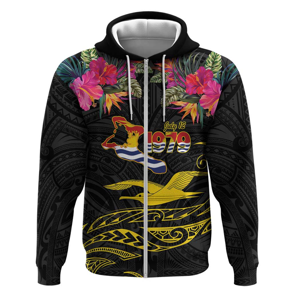 Kiribati Independence Day Personalised Hoodie Gold Frigatebird with Polynesian Pattern LT9 Zip Hoodie Black - Polynesian Pride