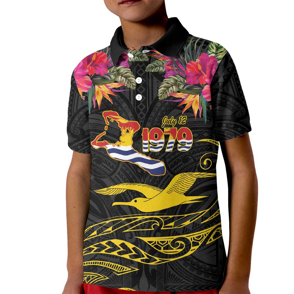 Kiribati Independence Day Personalised Kid Polo Shirt Gold Frigatebird with Polynesian Pattern LT9 Kid Black - Polynesian Pride