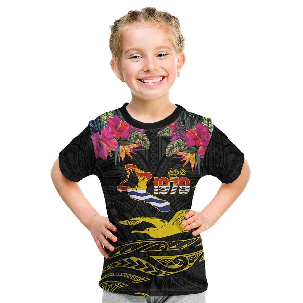 Kiribati Independence Day Personalised Kid T Shirt Gold Frigatebird with Polynesian Pattern LT9 Black - Polynesian Pride