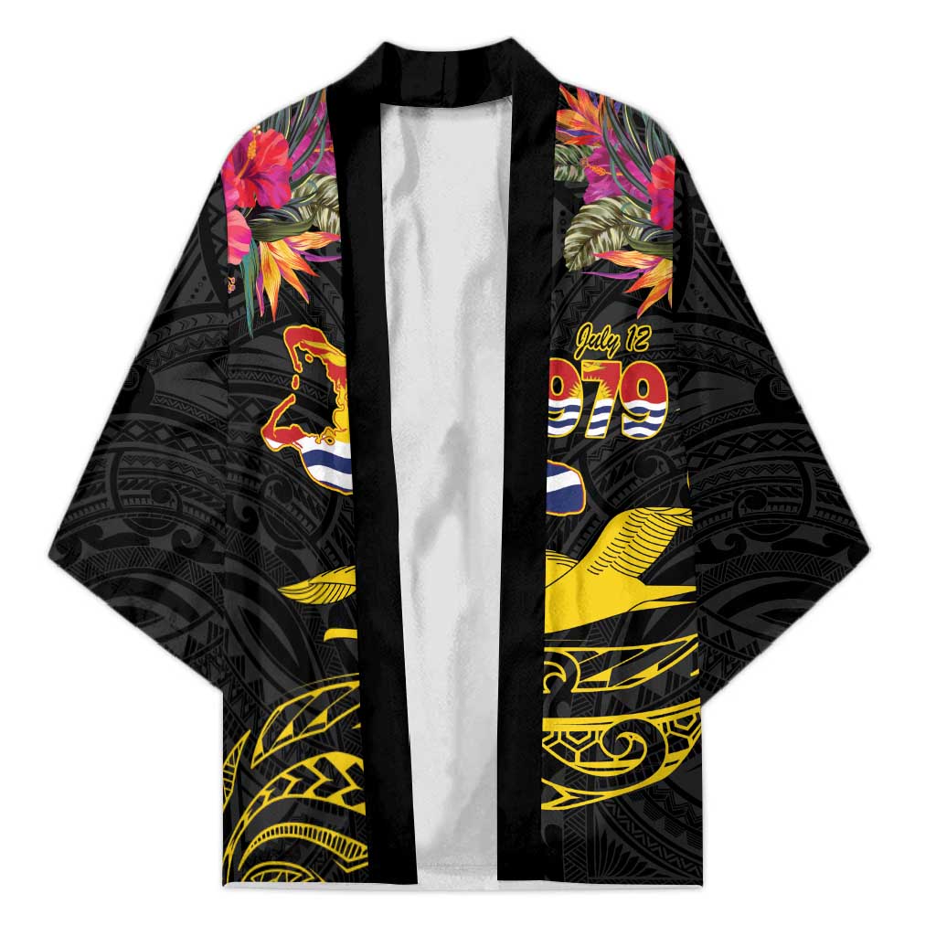Kiribati Independence Day Personalised Kimono Gold Frigatebird with Polynesian Pattern LT9 Unisex Black - Polynesian Pride
