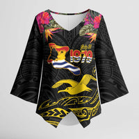 Kiribati Independence Day Personalised Kimono Sleeve Blouse Gold Frigatebird with Polynesian Pattern - Polynesian Pride
