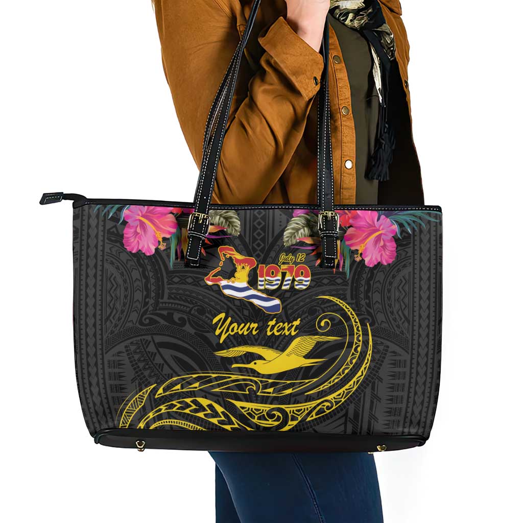 Kiribati Independence Day Personalised Leather Tote Bag Gold Frigatebird with Polynesian Pattern LT9 - Polynesian Pride