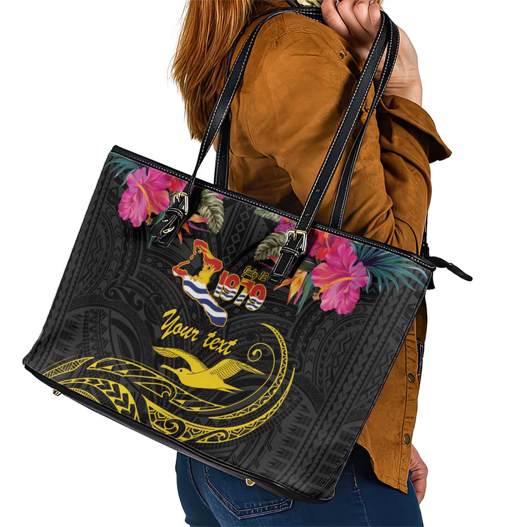 Kiribati Independence Day Personalised Leather Tote Bag Gold Frigatebird with Polynesian Pattern LT9 - Polynesian Pride