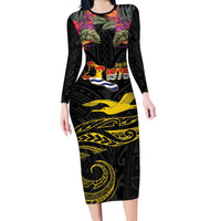 Kiribati Independence Day Personalised Long Sleeve Bodycon Dress Gold Frigatebird with Polynesian Pattern LT9 Long Dress Black - Polynesian Pride