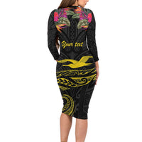 Kiribati Independence Day Personalised Long Sleeve Bodycon Dress Gold Frigatebird with Polynesian Pattern LT9 - Polynesian Pride