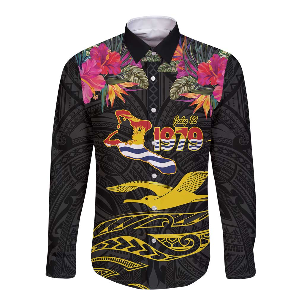 Kiribati Independence Day Personalised Long Sleeve Button Shirt Gold Frigatebird with Polynesian Pattern LT9 Unisex Black - Polynesian Pride