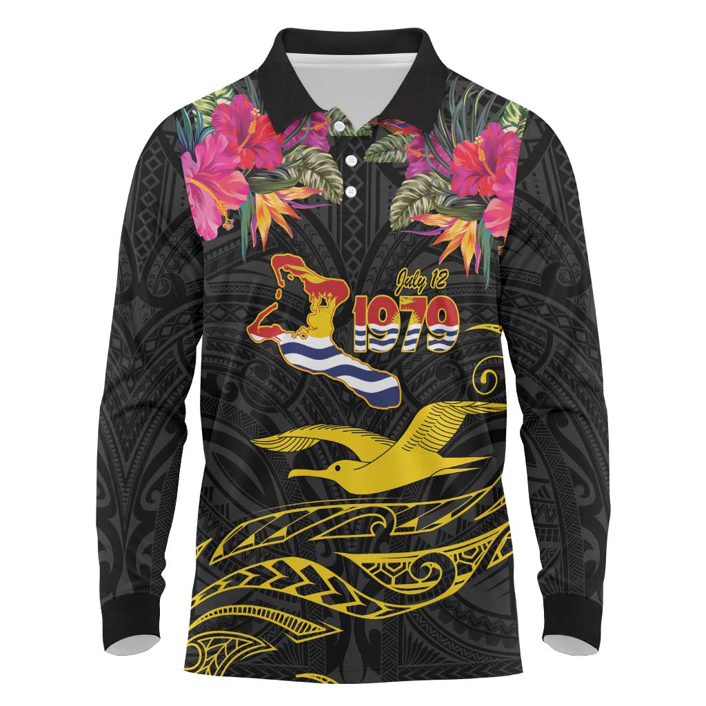 Kiribati Independence Day Personalised Long Sleeve Polo Shirt Gold Frigatebird with Polynesian Pattern LT9 Black - Polynesian Pride