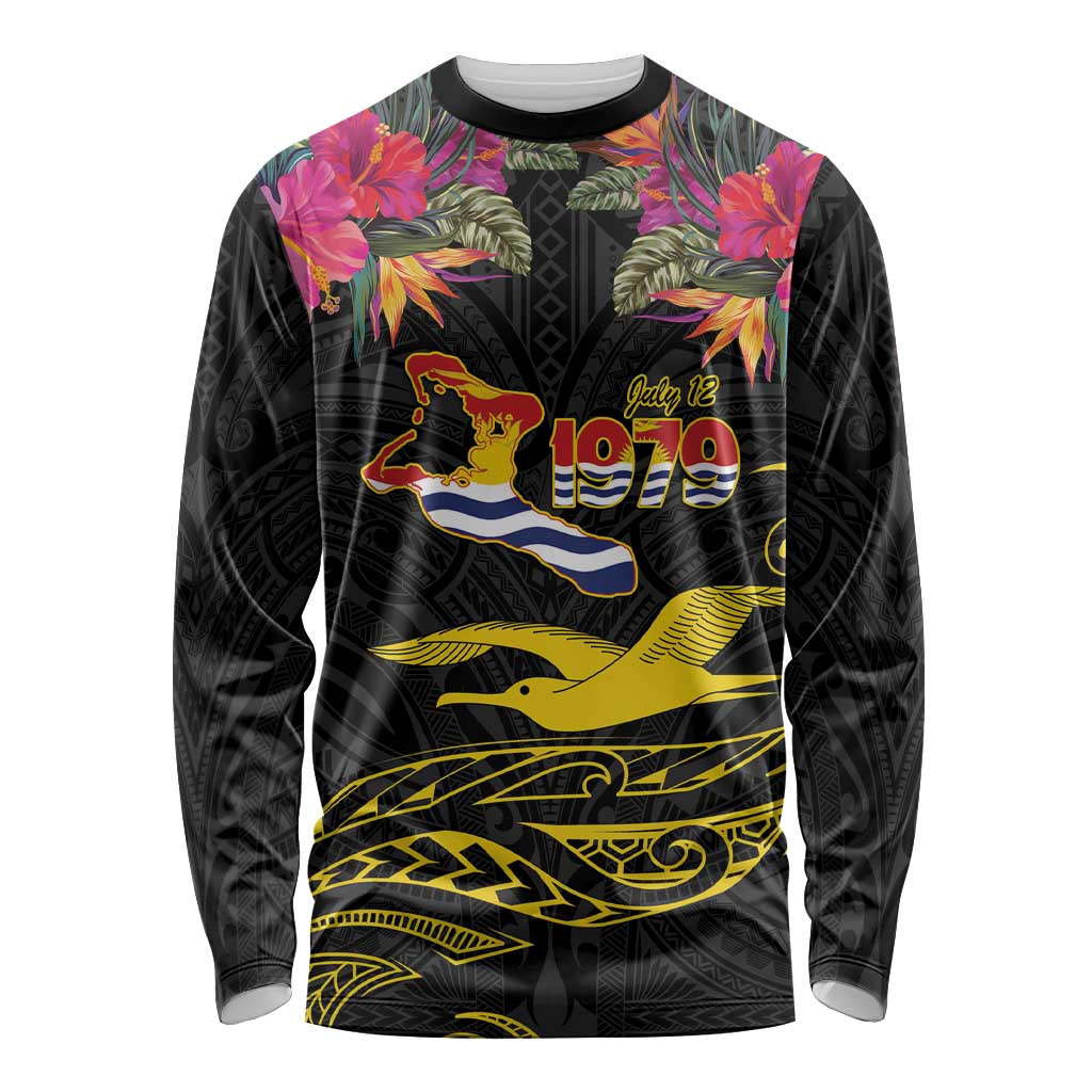Kiribati Independence Day Personalised Long Sleeve Shirt Gold Frigatebird with Polynesian Pattern LT9 Unisex Black - Polynesian Pride
