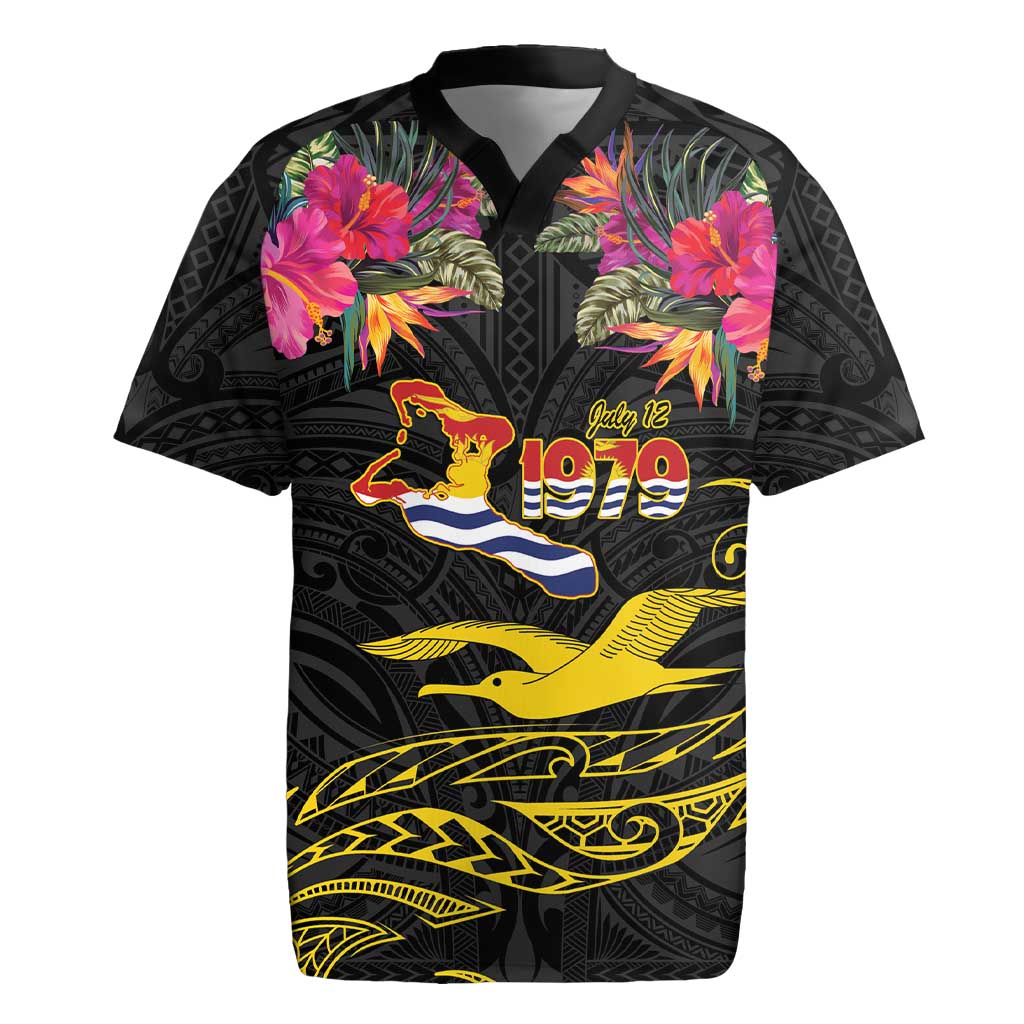 Kiribati Independence Day Personalised Rugby Jersey Gold Frigatebird with Polynesian Pattern LT9 Black - Polynesian Pride