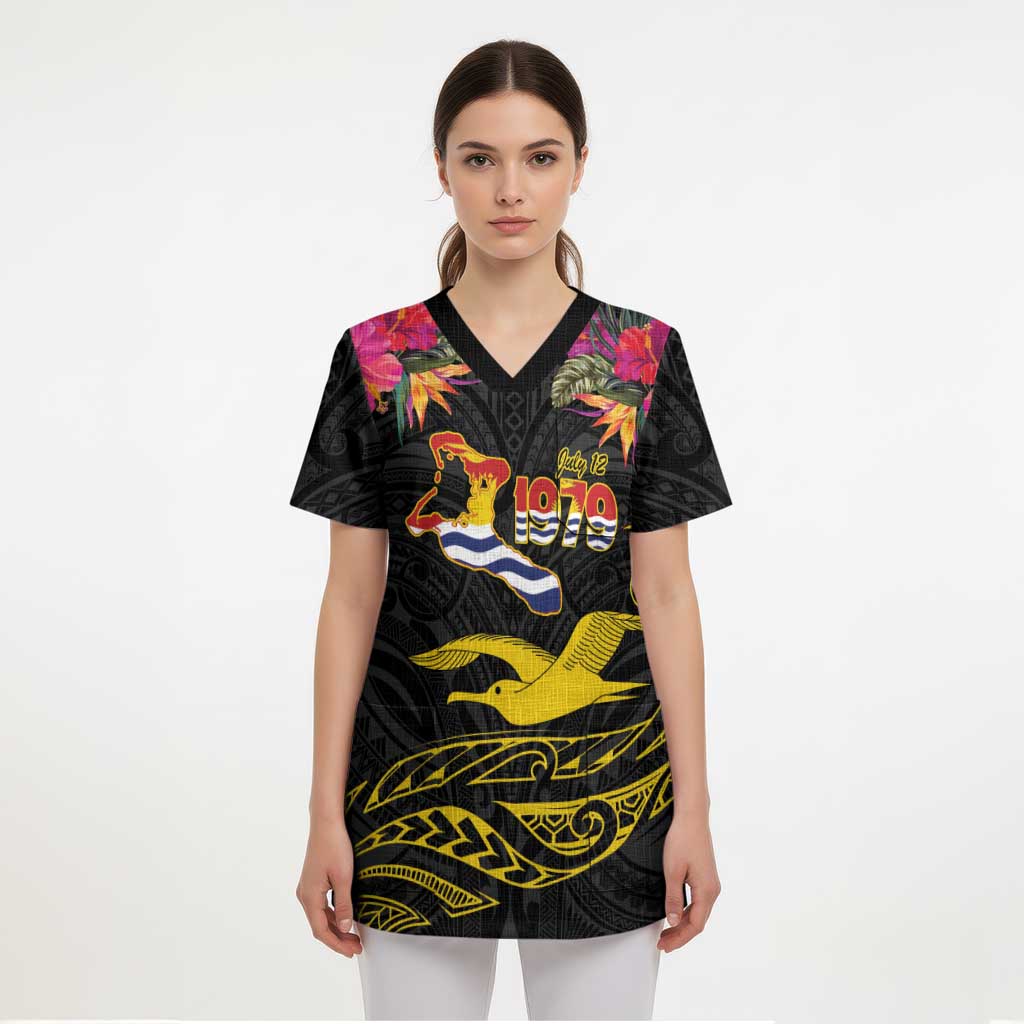 Kiribati Independence Day Personalised Scrub Top Gold Frigatebird with Polynesian Pattern - Polynesian Pride