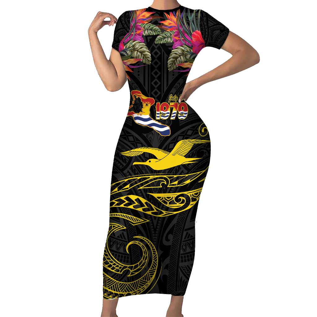 Kiribati Independence Day Personalised Short Sleeve Bodycon Dress Gold Frigatebird with Polynesian Pattern