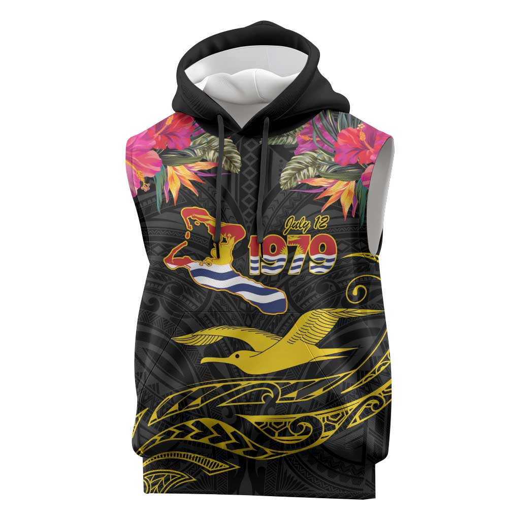 Kiribati Independence Day Personalised Sleeveless Hoodie Gold Frigatebird with Polynesian Pattern LT9 Black - Polynesian Pride