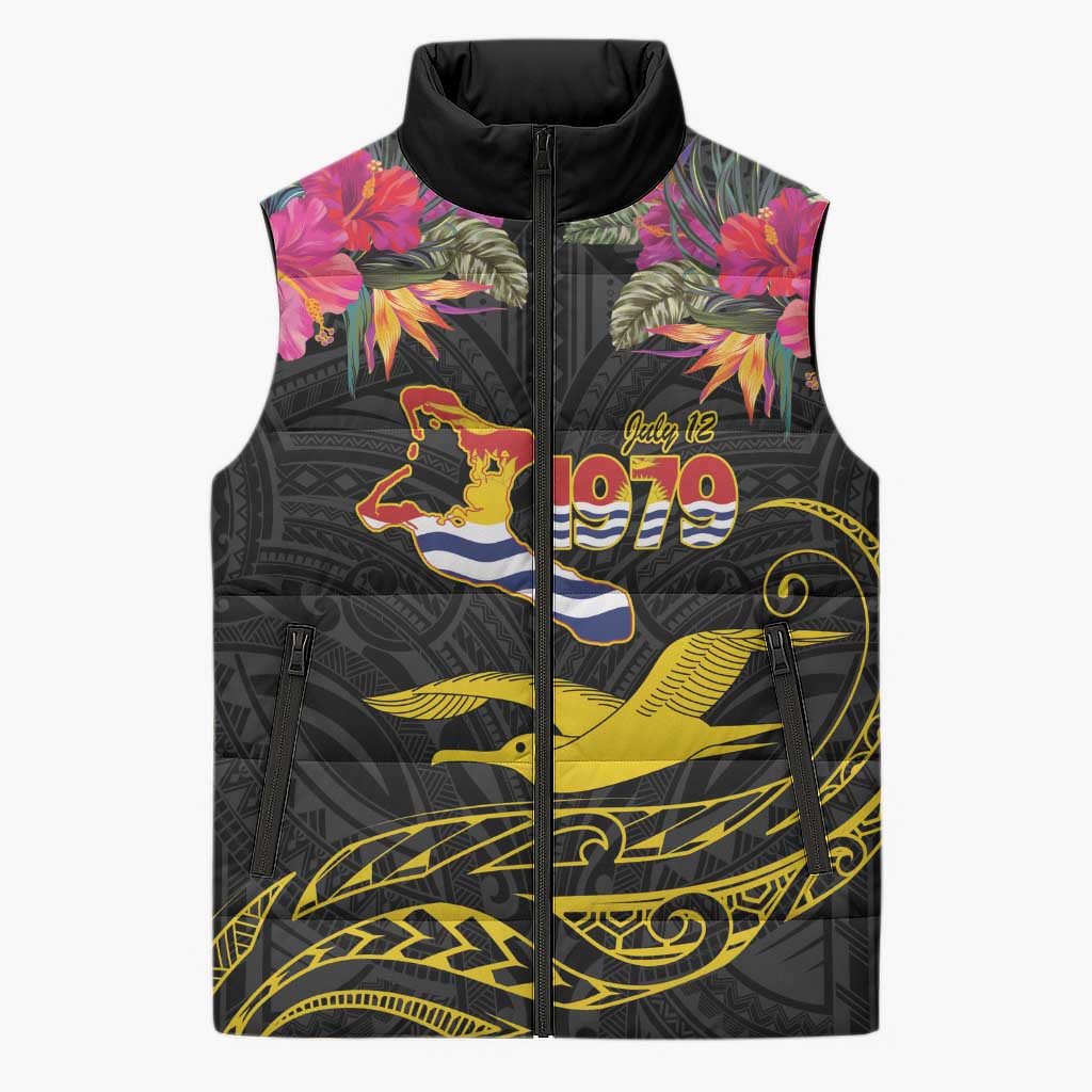 Kiribati Independence Day Personalised Sleeveless Puffer Jacket Gold Frigatebird with Polynesian Pattern LT9 Unisex Black - Polynesian Pride