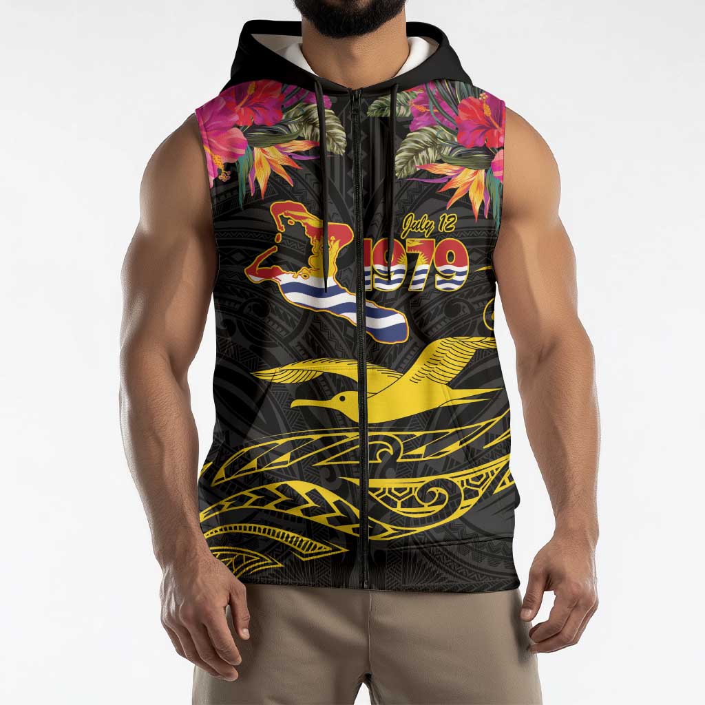 Kiribati Independence Day Personalised Sleeveless Zip Hoodie Gold Frigatebird with Polynesian Pattern - Polynesian Pride