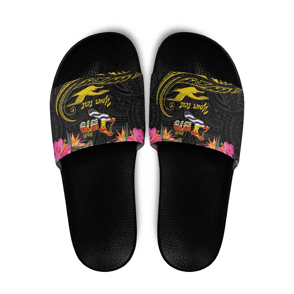 Kiribati Independence Day Personalised Slide Sandals Gold Frigatebird with Polynesian Pattern LT9 Black - Polynesian Pride