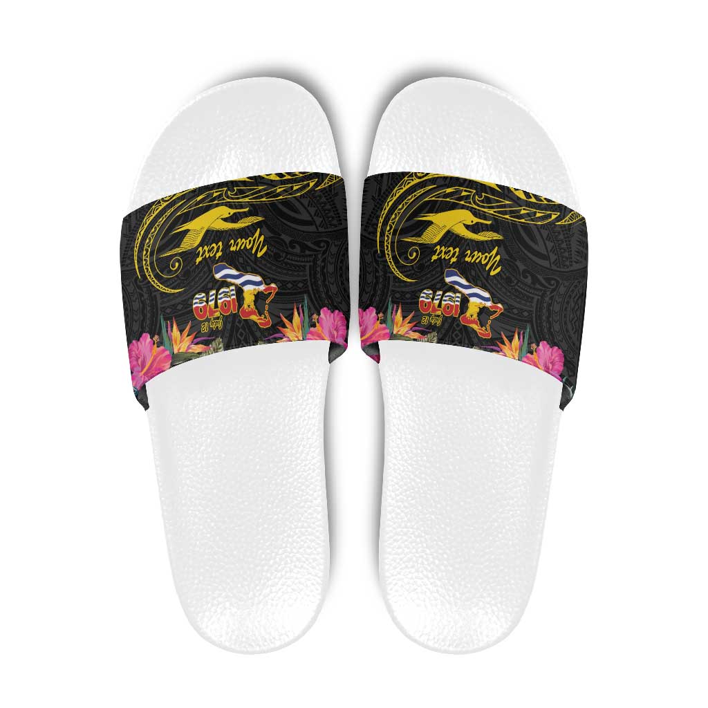 Kiribati Independence Day Personalised Slide Sandals Gold Frigatebird with Polynesian Pattern LT9 Black - Polynesian Pride