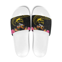 Kiribati Independence Day Personalised Slide Sandals Gold Frigatebird with Polynesian Pattern LT9 Black - Polynesian Pride