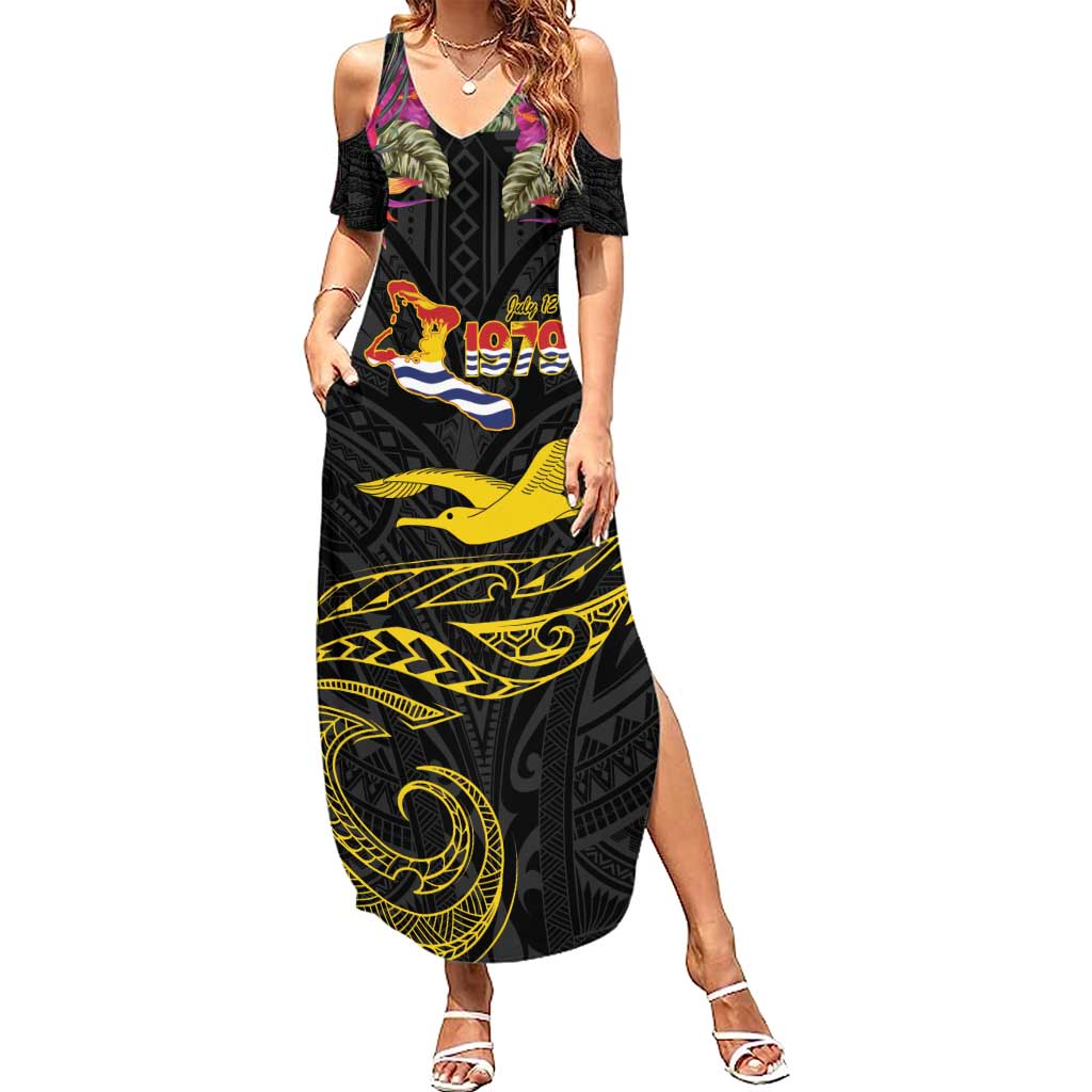 Kiribati Independence Day Personalised Summer Maxi Dress Gold Frigatebird with Polynesian Pattern LT9 Women Black - Polynesian Pride
