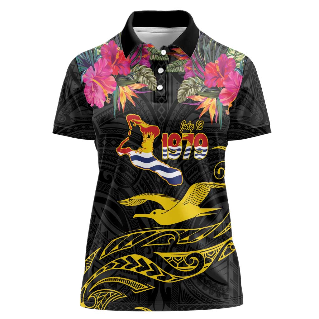Kiribati Independence Day Personalised Women Polo Shirt Gold Frigatebird with Polynesian Pattern LT9 Female Black - Polynesian Pride