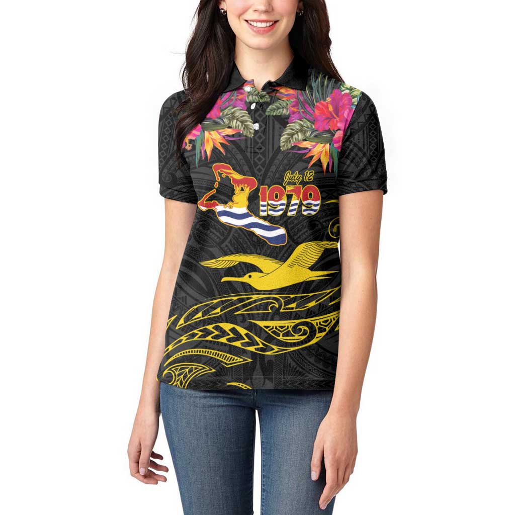 Kiribati Independence Day Personalised Women Polo Shirt Gold Frigatebird with Polynesian Pattern LT9 - Polynesian Pride