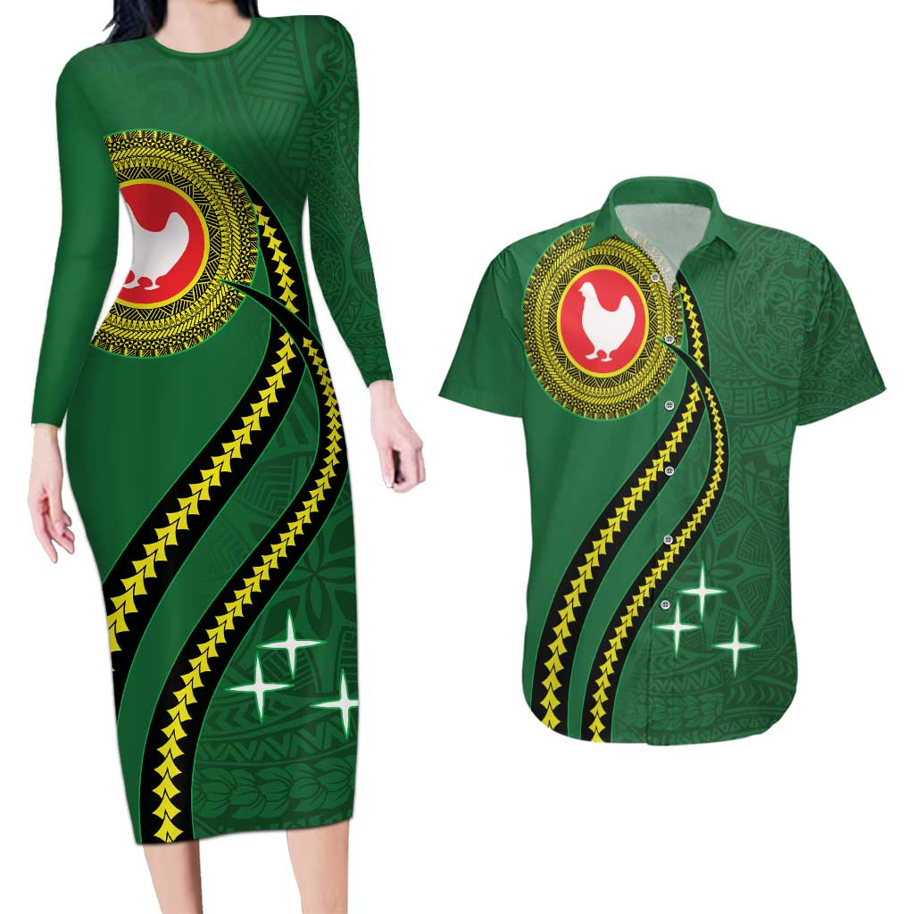Manua Islands Polynesian Style Couples Matching Long Sleeve Bodycon Dress and Hawaiian Shirt LT9 Green - Polynesian Pride