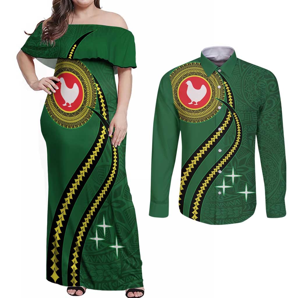 Manua Islands Polynesian Style Couples Matching Off Shoulder Maxi Dress and Long Sleeve Button Shirt LT9 Green - Polynesian Pride