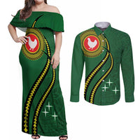 Manua Islands Polynesian Style Couples Matching Off Shoulder Maxi Dress and Long Sleeve Button Shirt LT9 Green - Polynesian Pride
