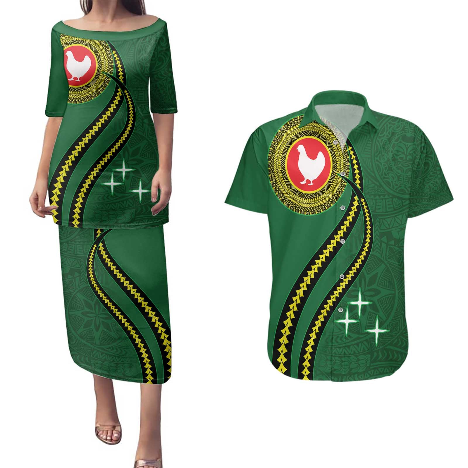 Manua Islands Polynesian Style Couples Matching Puletasi and Hawaiian Shirt LT9 Green - Polynesian Pride