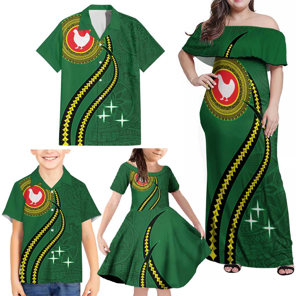 Manua Islands Polynesian Style Family Matching Off Shoulder Maxi Dress and Hawaiian Shirt