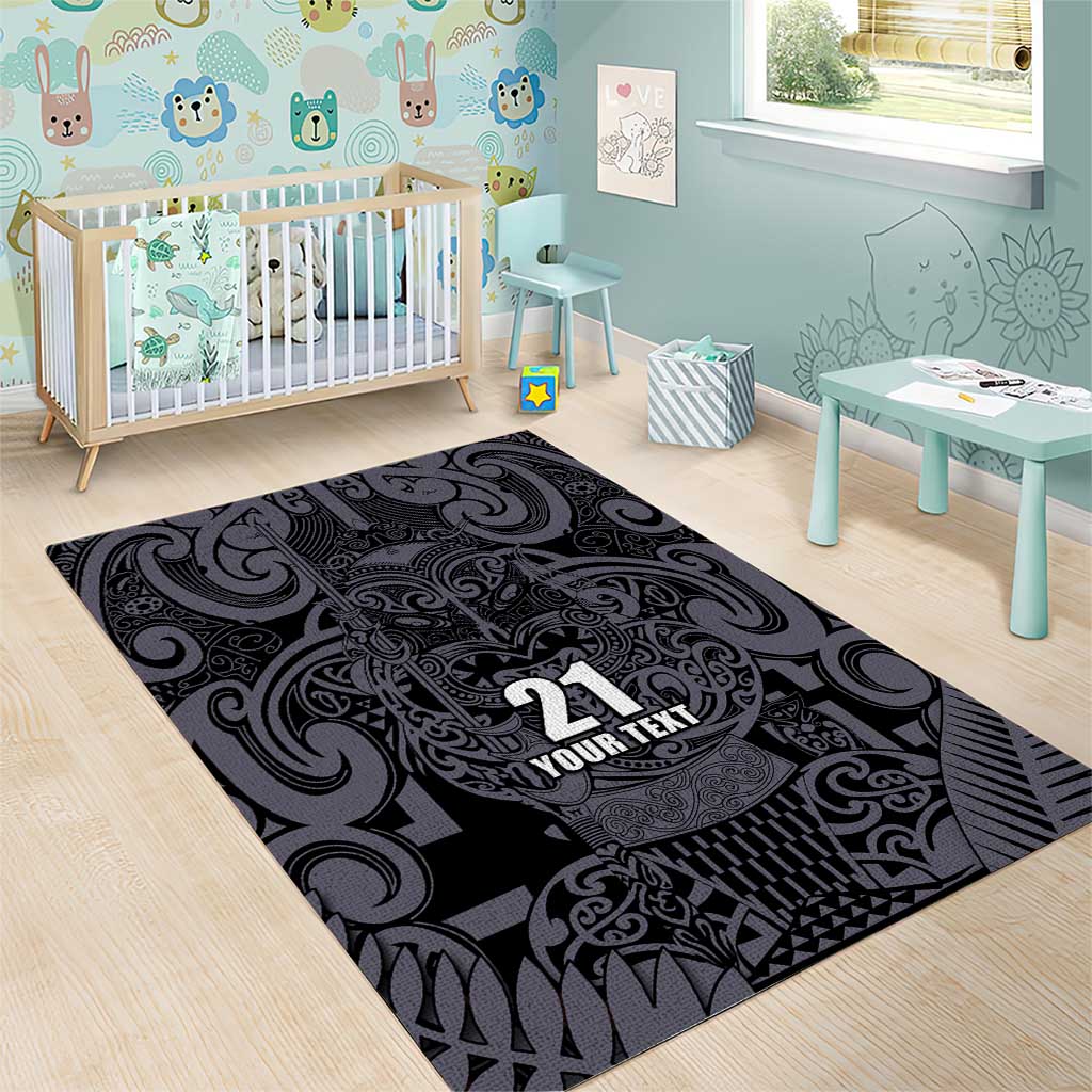 Custom New Zealand Taiaha Maori Area Rug Minimalist Silver Fern All Black - Polynesian Pride