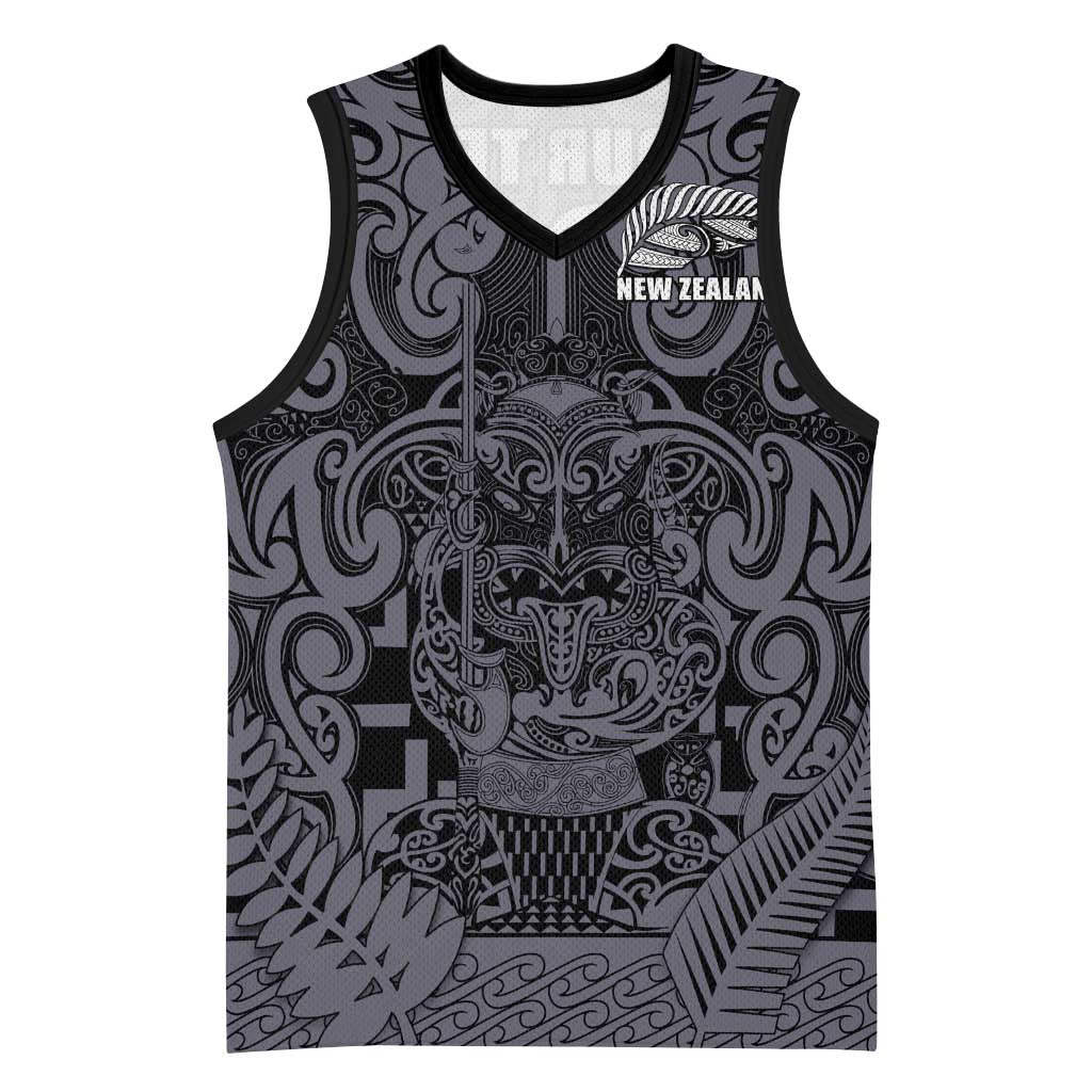Custom New Zealand Taiaha Maori Basketball Jersey Minimalist Silver Fern All Black - Polynesian Pride