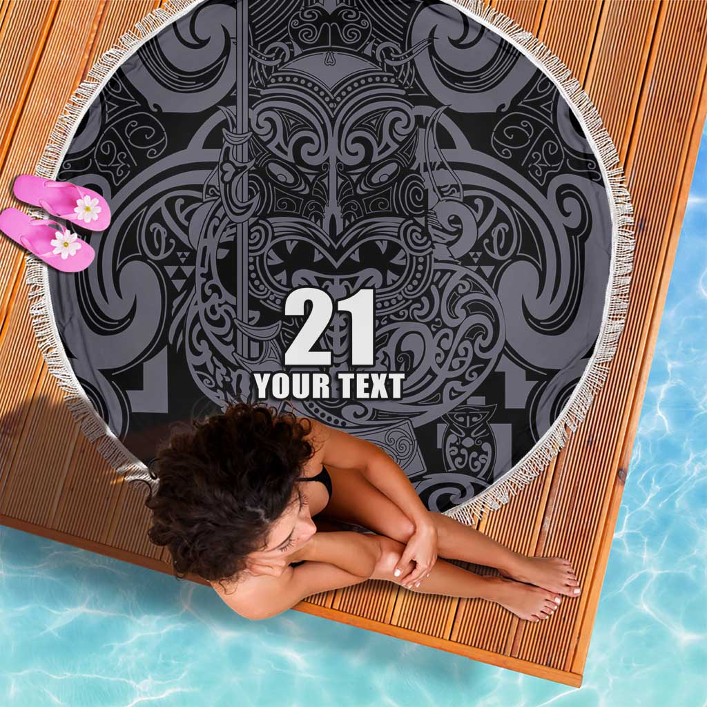 Custom New Zealand Taiaha Maori Beach Blanket Minimalist Silver Fern All Black - Polynesian Pride