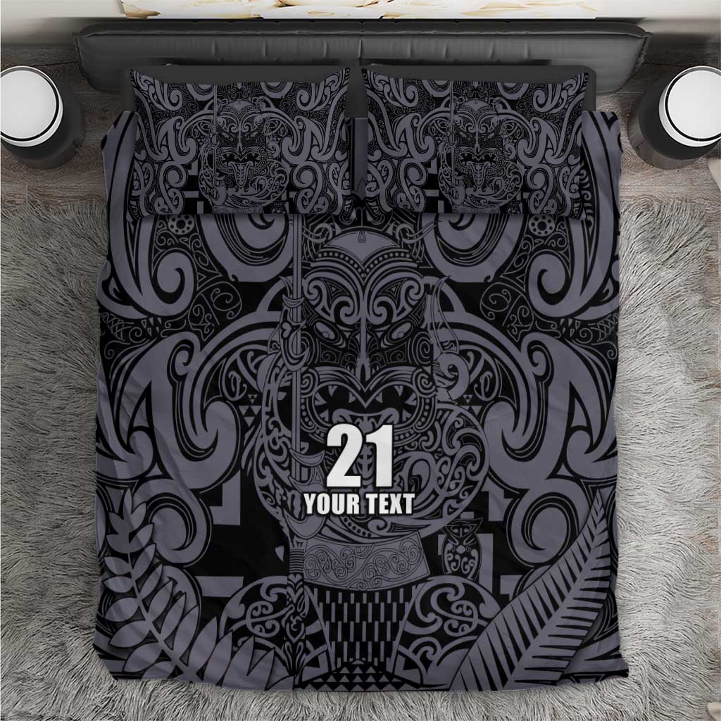 Custom New Zealand Taiaha Maori Bedding Set Minimalist Silver Fern All Black - Polynesian Pride